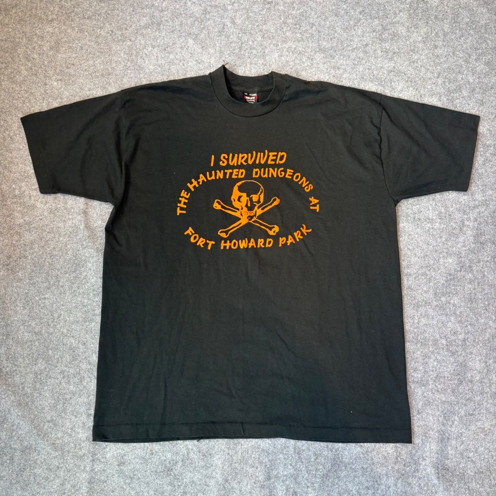 Vintage 90s Fort Howard Park Haunted Dungeons T Shirt Black XXL Single Stitch